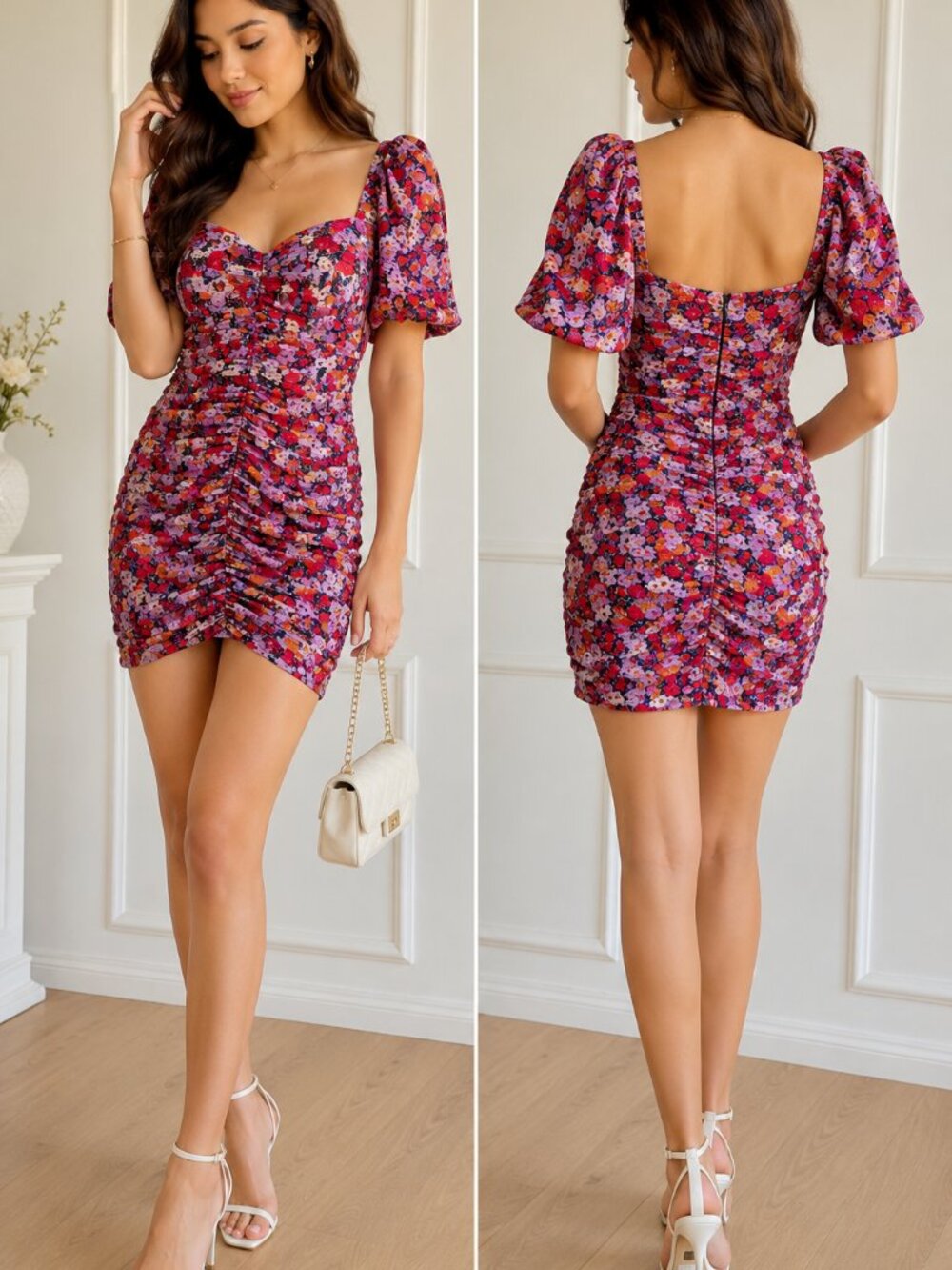 Zara Floral Ruched Puff Sleeve Mini Dress | Size Small | Summer Garden Party